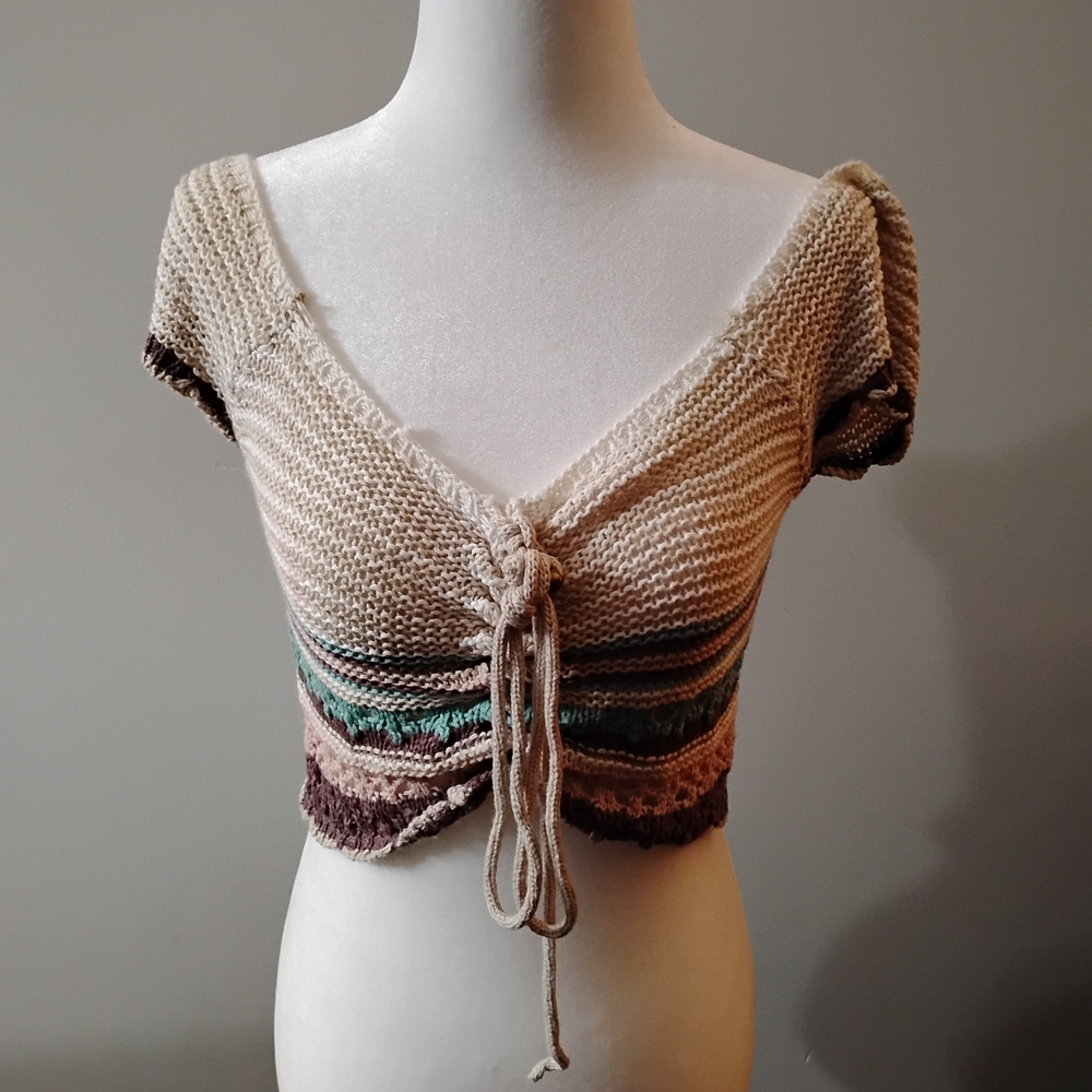 Fashion Nova Beige Cropped Tie-Front Knit Top with Stripe Accents